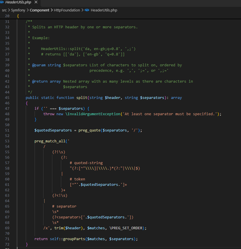 The source of HeaderUtils::split(): the token class includes the space and the group closes with (?<!\s)